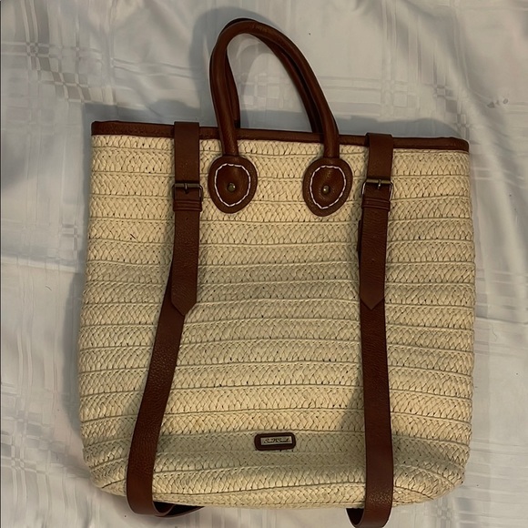 Cream and Brown Backpack with Leather Accents - Picture 1 of 5